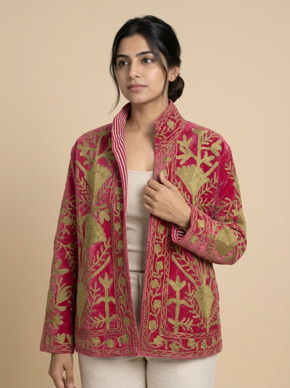The Anarkali Vine — Suzani Hand-Embroidered Velvet Jacket — Rani Pink with Olive Gold Pomegranates