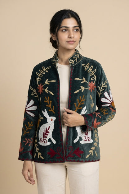 The Moonlit Hare — Suzani Embroidered Velvet Jacket — Forest Green