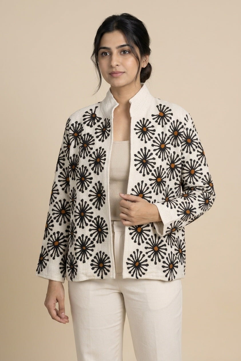 The Marigold Bloom — Suzani-Embroidered Textured Cotton Jacket — Ivory with Indigo & Ochre