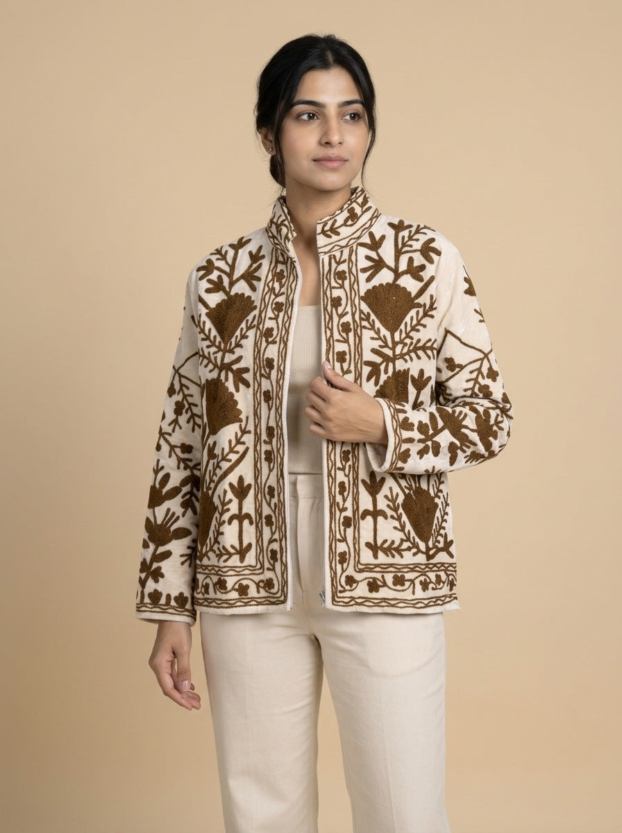 The Zaitoon Bostan — Suzani Hand-Embroidered Velvet Jacket — Ivory with Olive Brown Florals