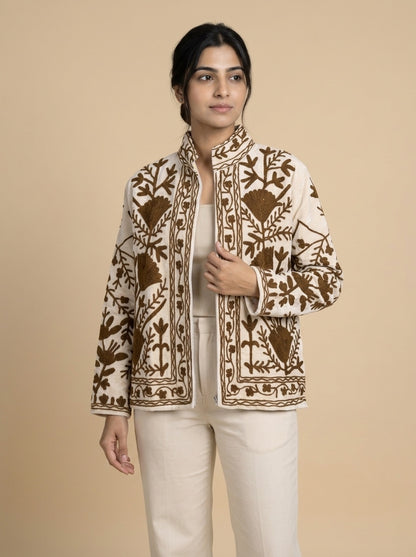 The Zaitoon Bostan — Suzani Hand-Embroidered Velvet Jacket — Ivory with Olive Brown Florals