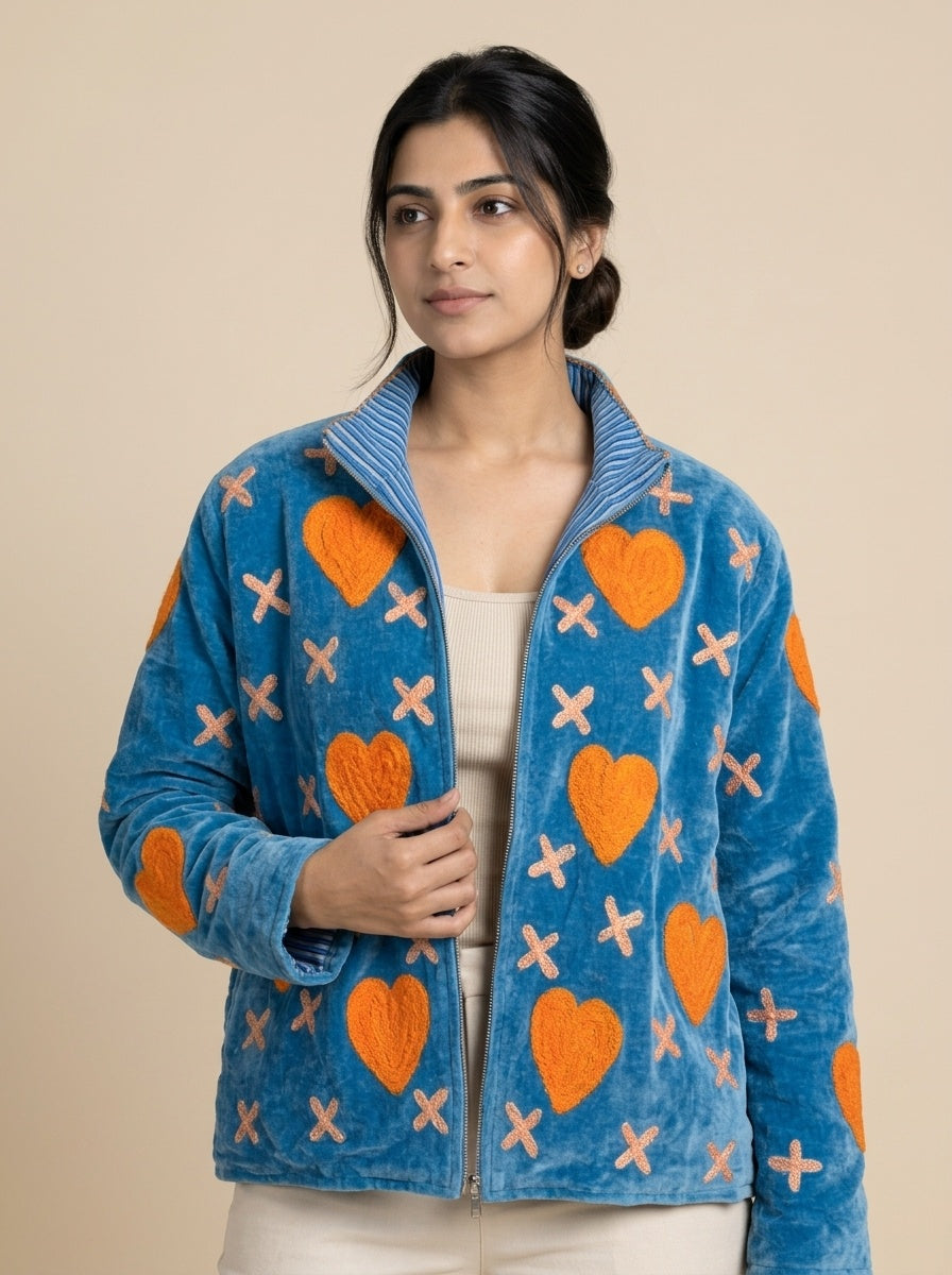 The Marigold Heart — Suzani-Embroidered Velvet Jacket — Peacock Blue with Marigold Orange