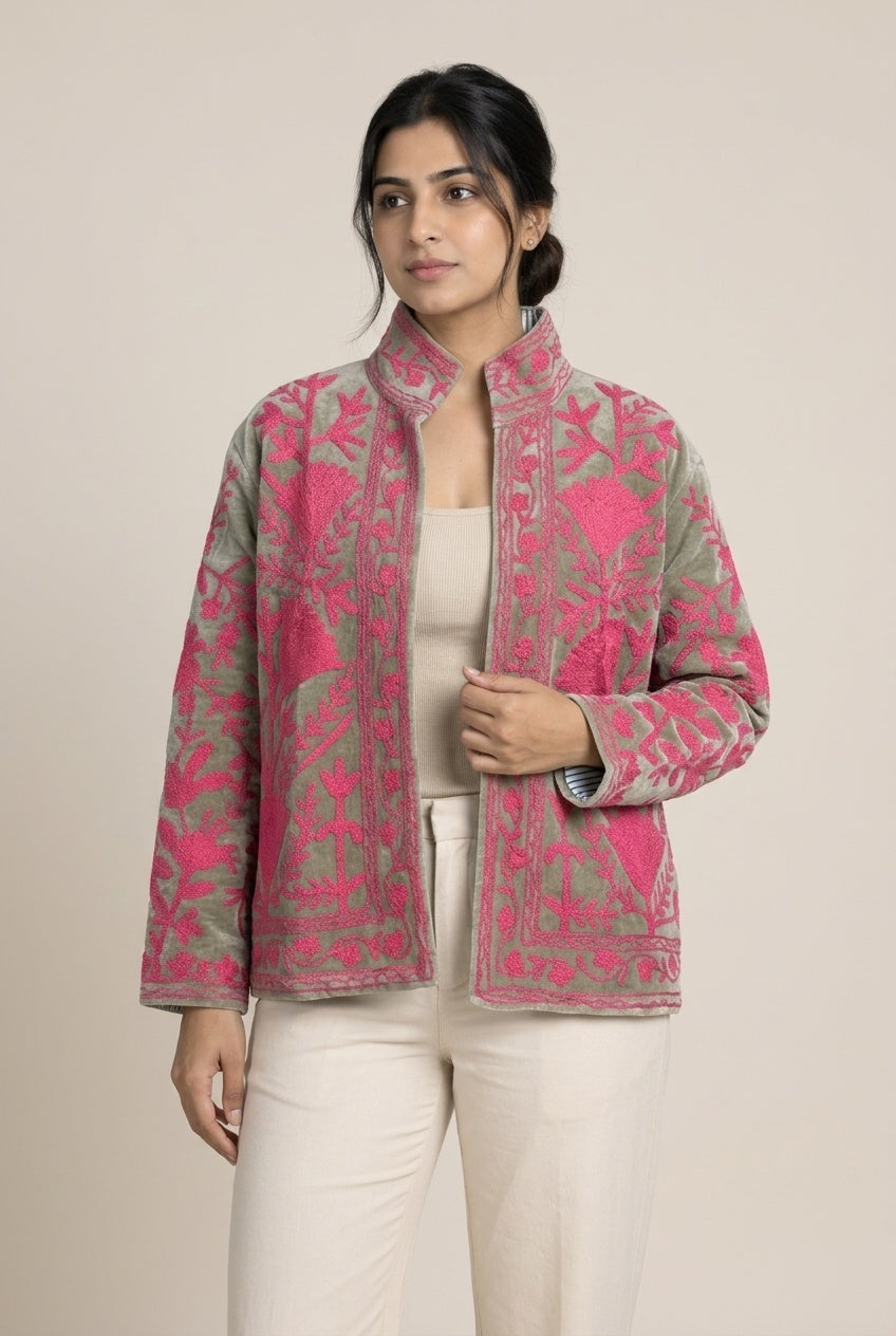 The Sagewood Bloom — Suzani Hand-Embroidered Velvet Jacket — Sage Green with Rani Pink Florals