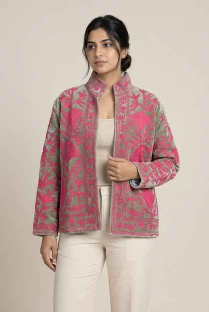 The Sagewood Bloom — Suzani Hand-Embroidered Velvet Jacket — Sage Green with Rani Pink Florals