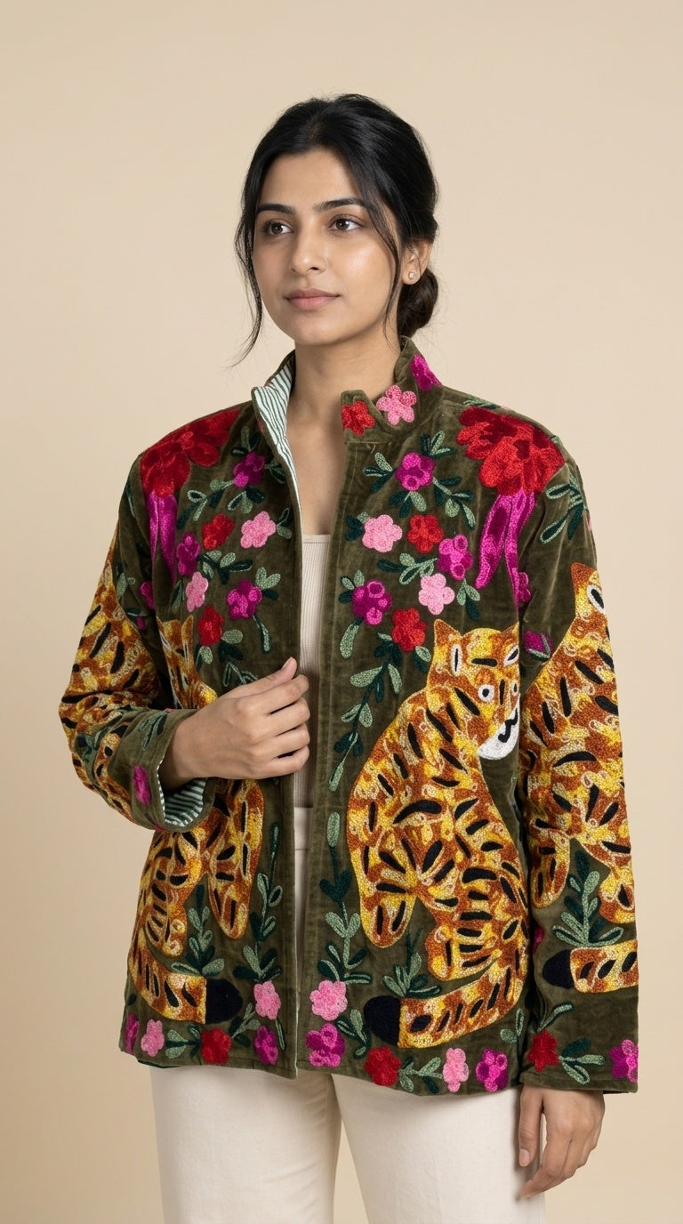 The Bagh Rakshak — Suzani Embroidered Velvet Jacket — Moss Green with Marigold Tigers