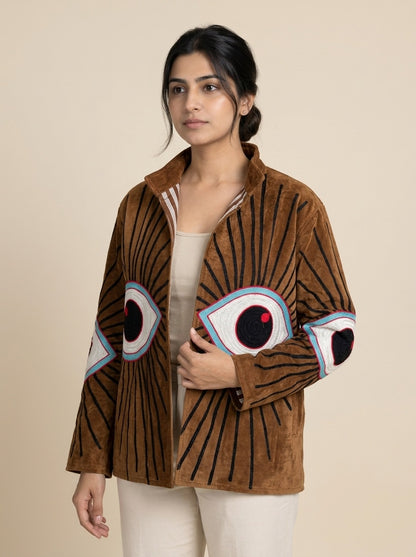 The Netra Sunburst — Hand-Embroidered Velvet Jacket — Cognac Brown with Turquoise Eye Motifs