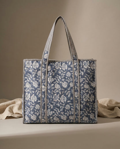 The Indigo Bagru Tote Set — Hand Block-Printed Quilted Cotton — Slate Blue & Ivory Floral