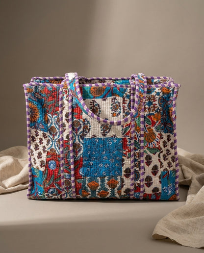 The Rajwada Patchwork — Kantha-Quilted Cotton Tote — Cerulean, Rust & Amethyst