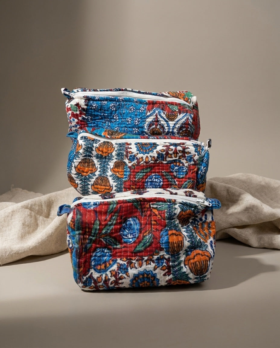 The Bagru Bloom — Hand Block-Printed Quilted Cotton Pouch Set — Indigo, Brick Red & Marigold