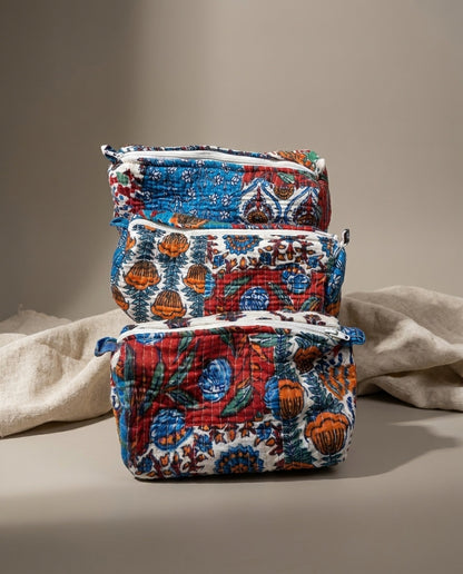 The Bagru Bloom — Hand Block-Printed Quilted Cotton Pouch Set — Indigo, Brick Red & Marigold