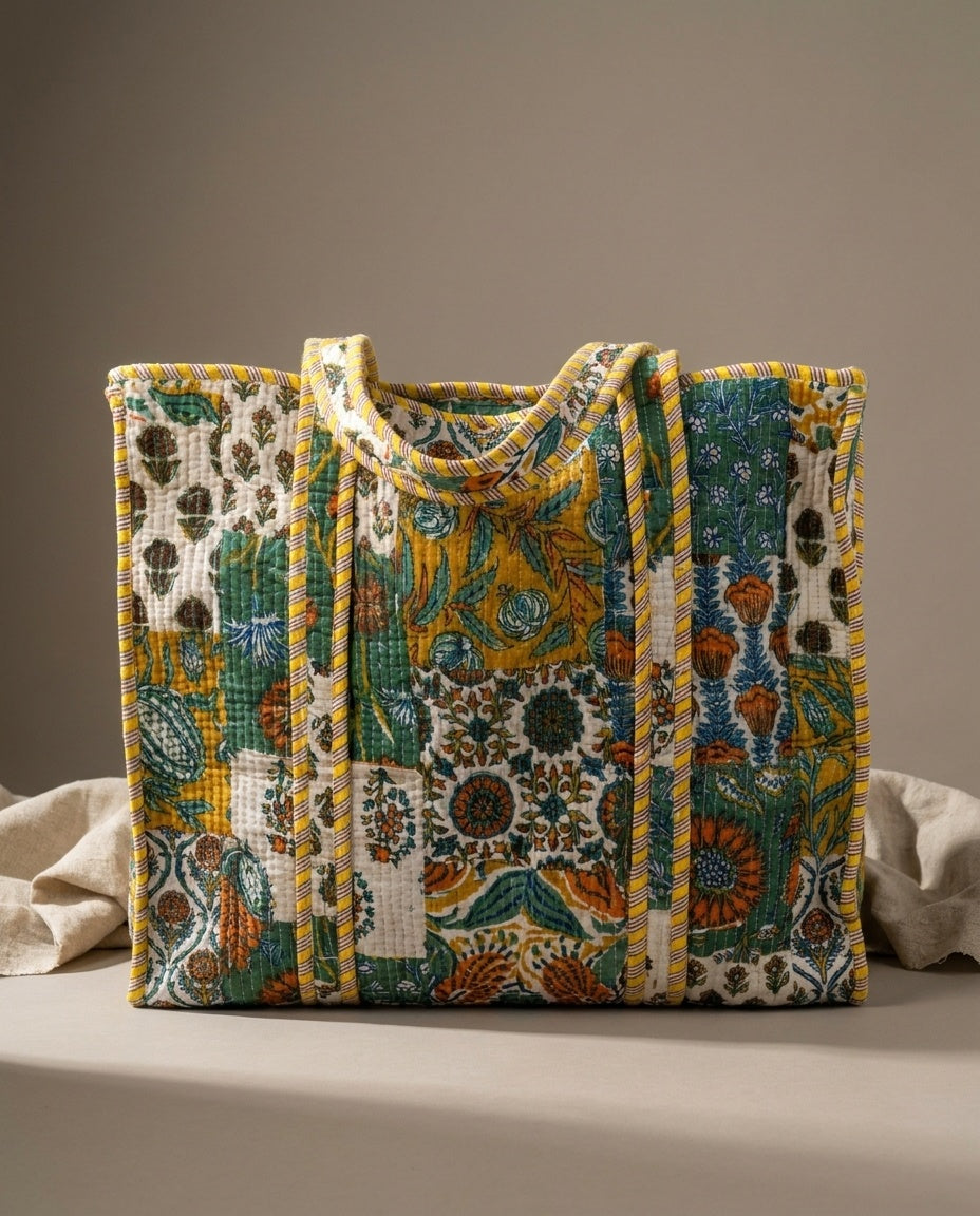 The Anaar Bagh — Hand Block-Printed Quilted Cotton Bag Set — Mustard, Emerald & Rust Florals