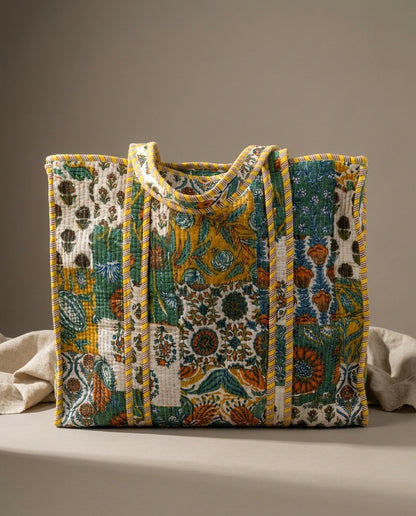 The Anaar Bagh — Hand Block-Printed Quilted Cotton Bag Set — Mustard, Emerald & Rust Florals