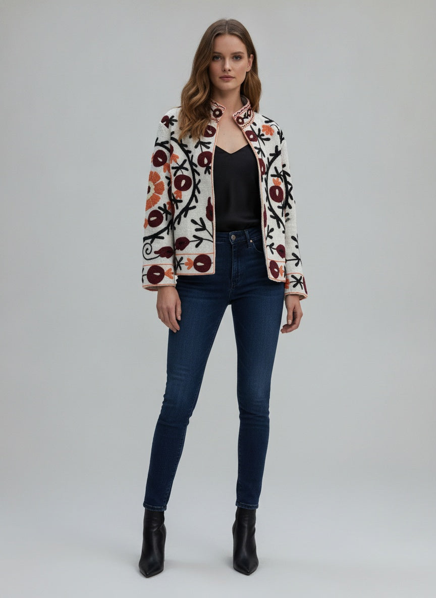 The Samarkand Bloom — Suzani Embroidered Cotton Jacket — Ivory with Burgundy & Rust Medallions