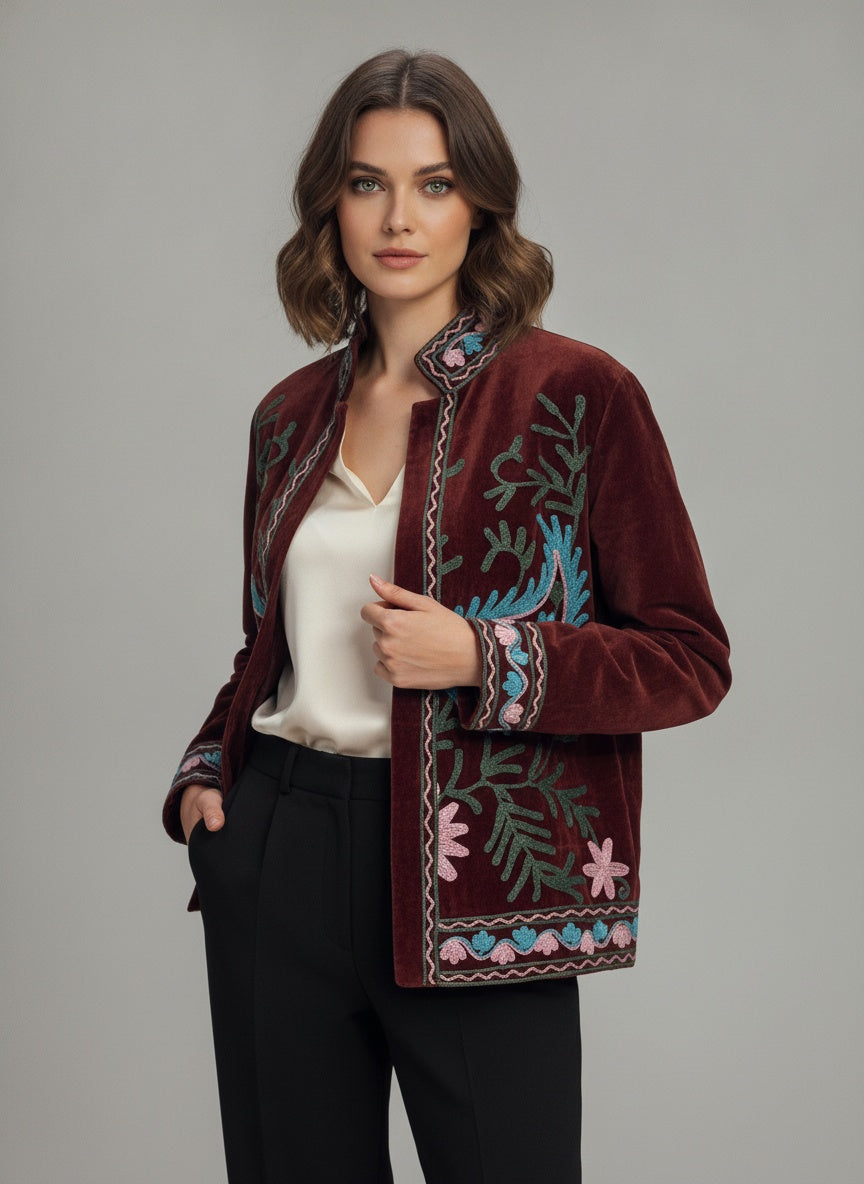 The Zafar Bloom — Suzani Embroidered Velvet Jacket — Brick Maroon with Turquoise & Rose