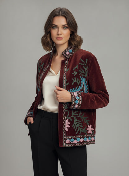 The Zafar Bloom — Suzani Embroidered Velvet Jacket — Brick Maroon with Turquoise & Rose