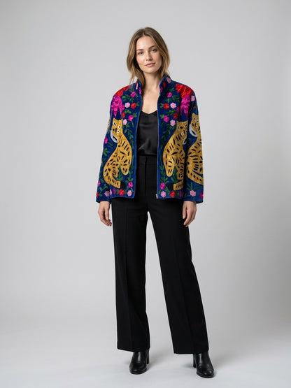The Tiger's Garden — Suzani Embroidered Velvet Jacket — Indigo Blue with Marigold Tigers