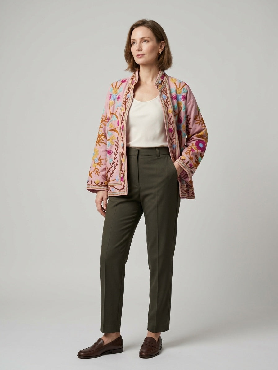 The Blossom Trellis — Suzani-Style Hand-Embroidered Cotton Jacket — Blush Pink