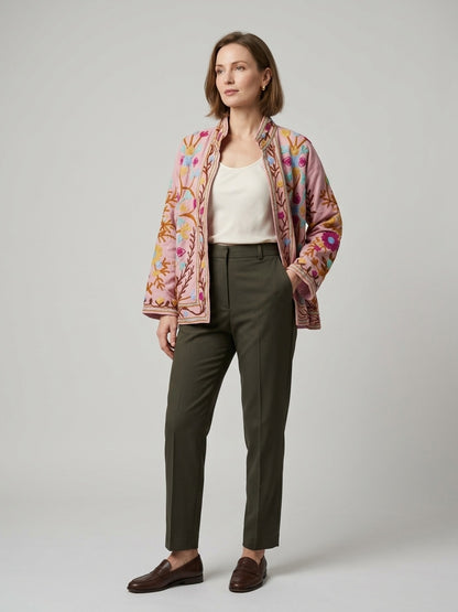 The Blossom Trellis — Suzani-Style Hand-Embroidered Cotton Jacket — Blush Pink