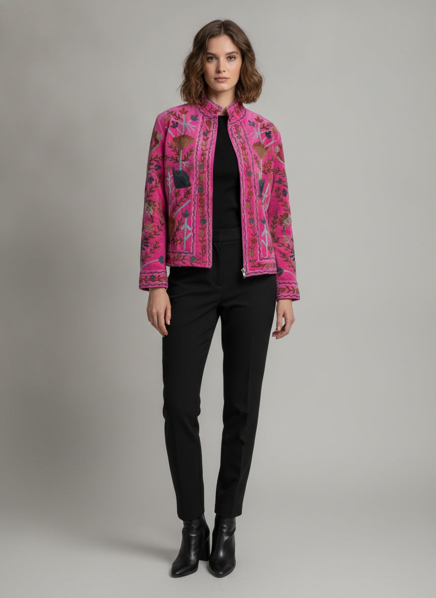The Rani Bloom — Suzani Embroidered Velvet Jacket — Fuchsia Pink