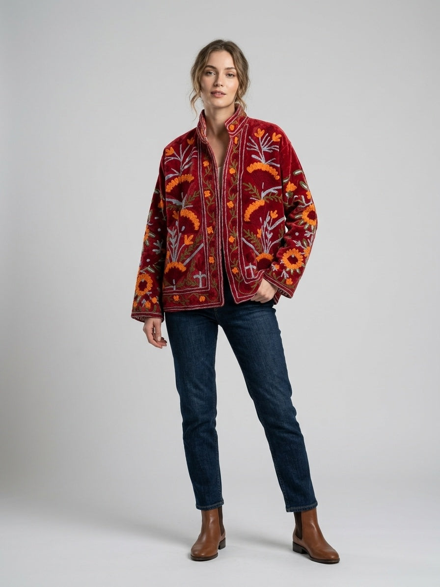 The Marigold Bagh — Suzani Embroidered Velvet Jacket — Deep Maroon with Marigold & Sky Blue Florals