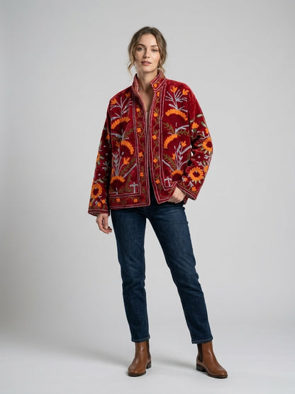 The Marigold Bagh — Suzani Embroidered Velvet Jacket — Deep Maroon with Marigold & Sky Blue Florals