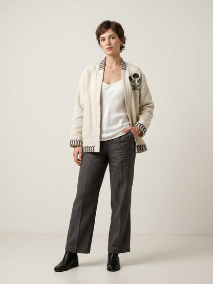 The Marigold Bloom — Hand Block-Printed Cotton Jacket — Undyed Ivory with Ebony Chevron Trim