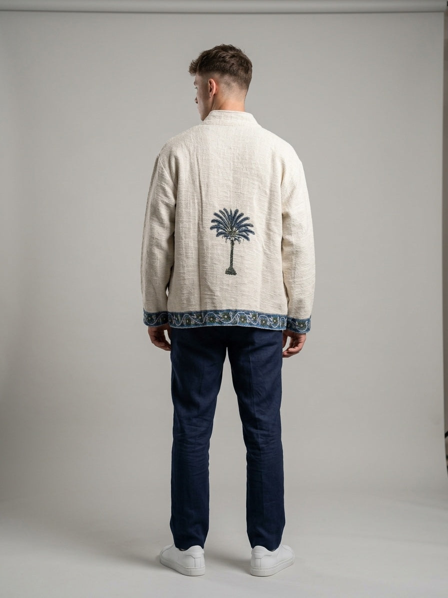 The Khejri Oasis — Hand-Embroidered Cotton Jacket — Undyed Ivory with Indigo Palm