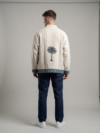 The Khejri Oasis — Hand-Embroidered Cotton Jacket — Undyed Ivory with Indigo Palm