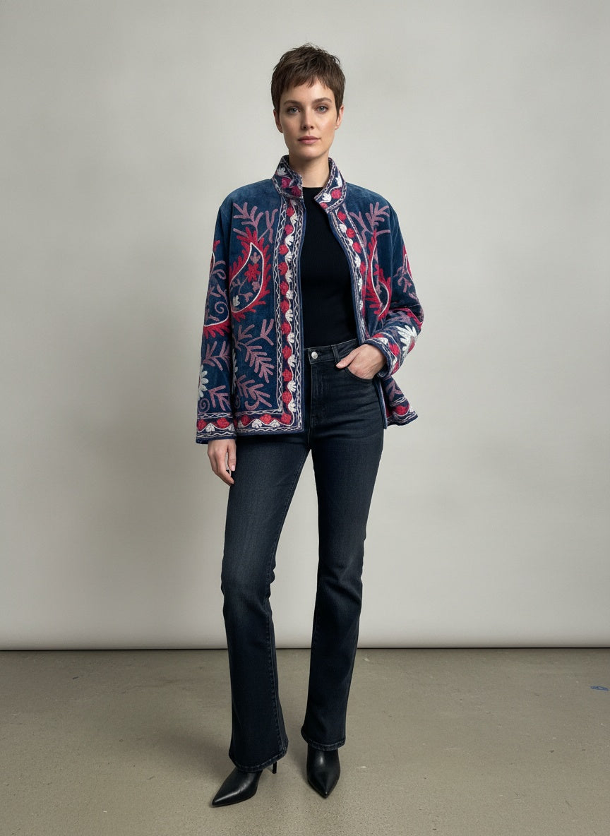 The Samarkand Nights — Suzani Embroidered Velvet Jacket — Denim Blue with Raspberry & Lilac Bloom