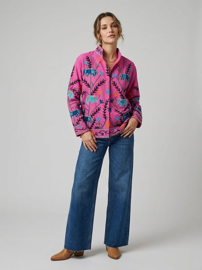 The Fuchsia Elephant Trail — Suzani Hand-Embroidered Cotton Jacket — Magenta Pink with Indigo Blue & Marigold Orange