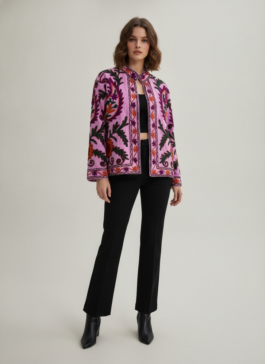 The Orchid Bostan — Suzani Embroidered Cotton Jacket — Pink with Paisley & Sunflower Motifs