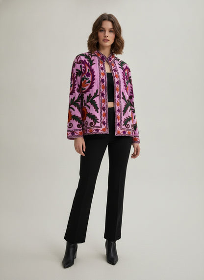 The Orchid Bostan — Suzani Embroidered Cotton Jacket — Pink with Paisley & Sunflower Motifs