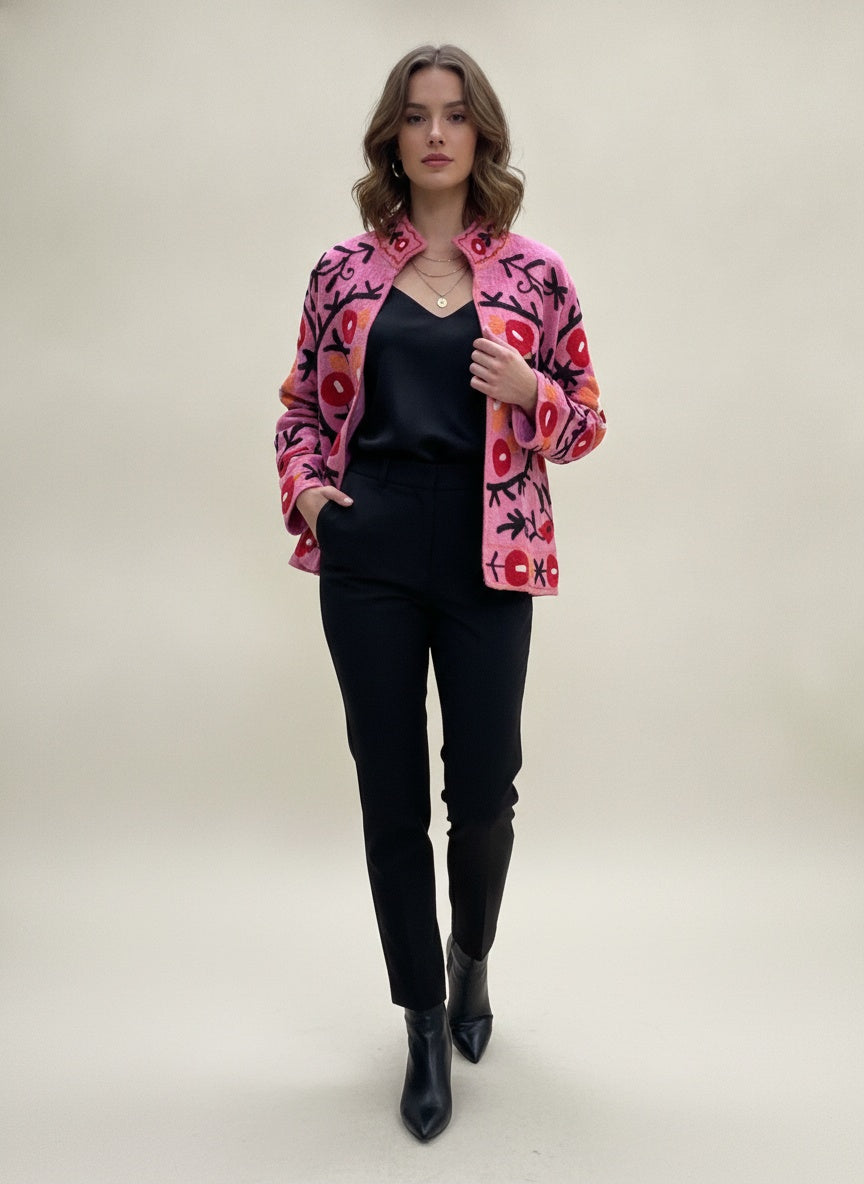 The Anaar Bagh — Suzani Embroidered Cotton Jacket — Blush Pink with Crimson Florals