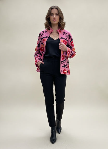 The Anaar Bagh — Suzani Embroidered Cotton Jacket — Blush Pink with Crimson Florals