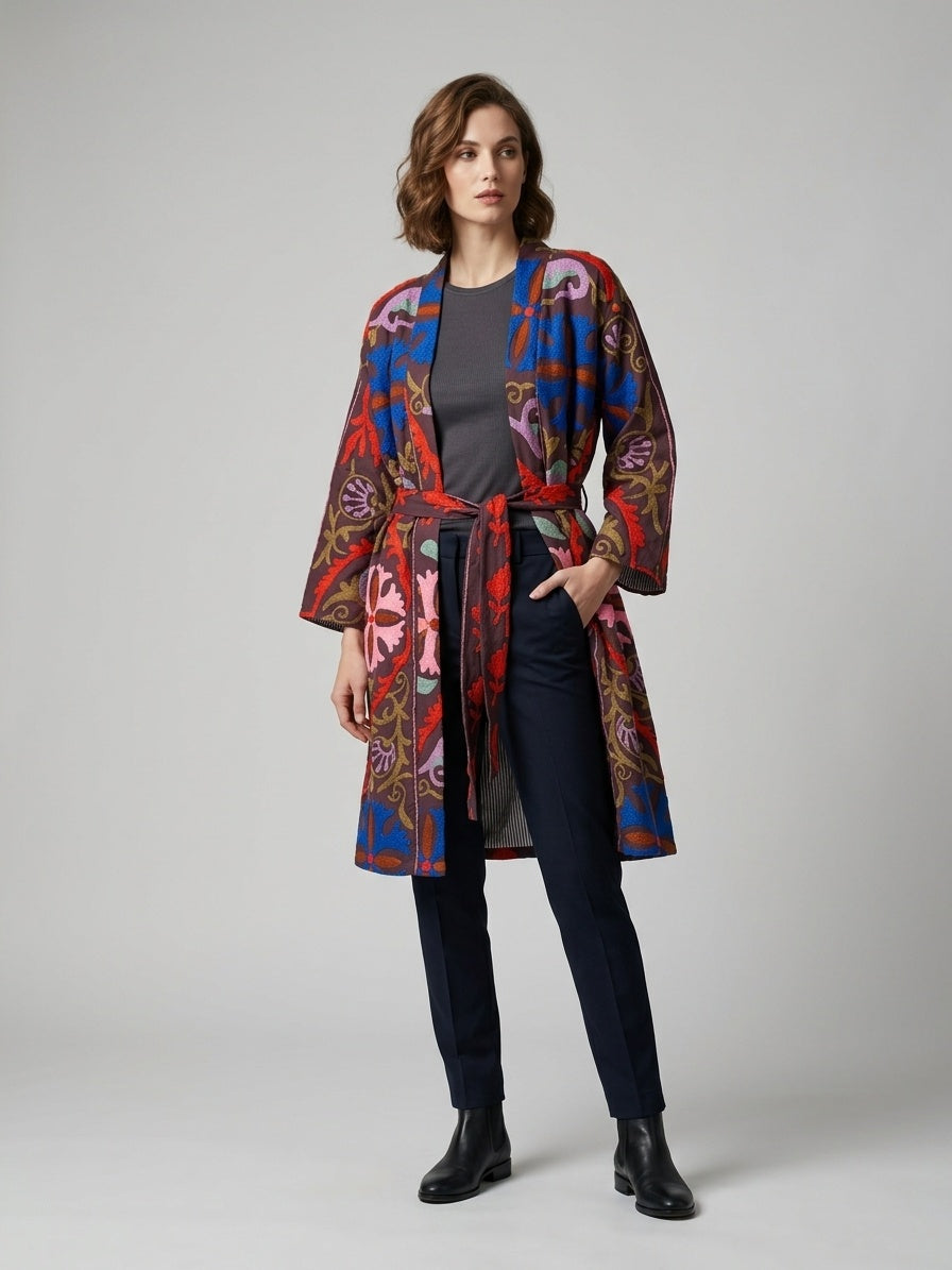 The Samarkand Bloom — Suzani Hand-Embroidered Cotton Kimono — Aubergine with Cobalt & Coral Florals