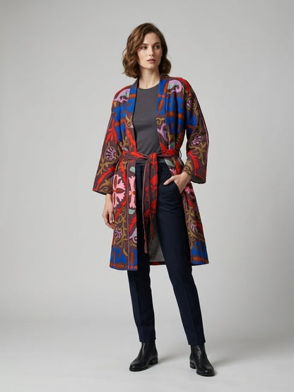 The Samarkand Bloom — Suzani Hand-Embroidered Cotton Kimono — Aubergine with Cobalt & Coral Florals