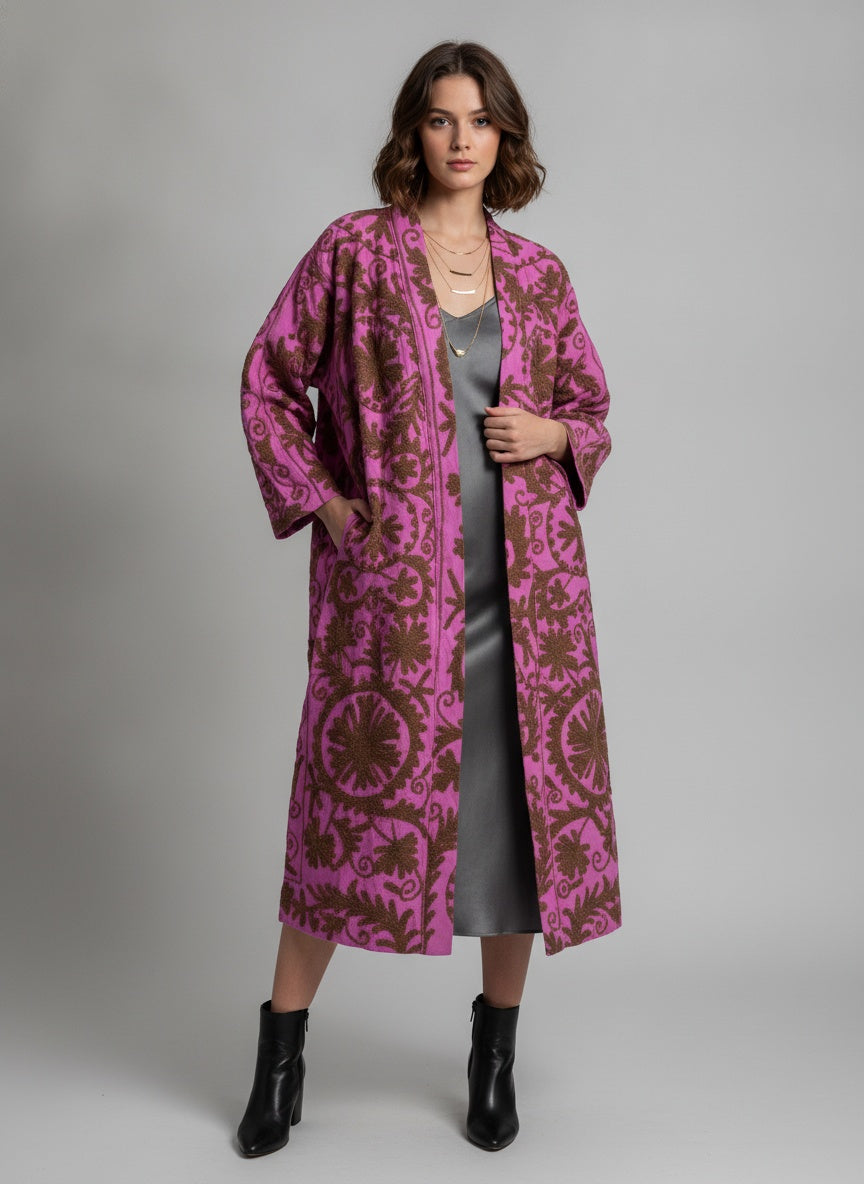 The Orchid Vine — Suzani Embroidered Cotton Jacket — Fuchsia Pink & Umber Brown