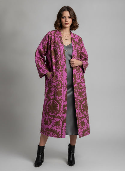 The Orchid Vine — Suzani Embroidered Cotton Jacket — Fuchsia Pink & Umber Brown