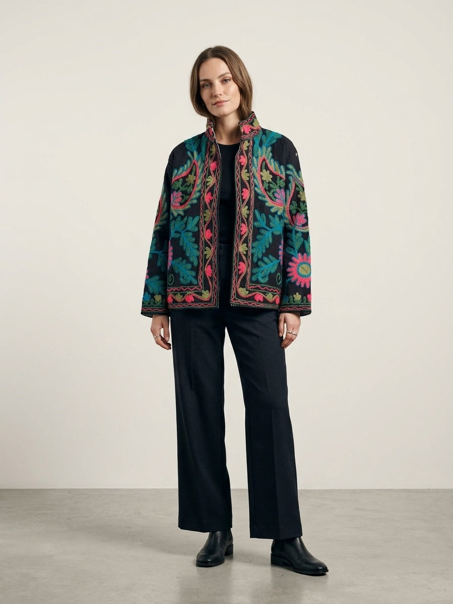 The Samarkand Bloom — Suzani Hand-Embroidered Cotton Jacket — Midnight Black with Teal, Fuchsia & Olive