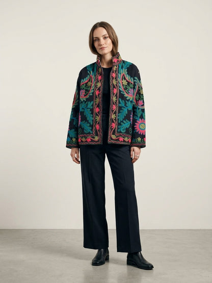 The Samarkand Bloom — Suzani Hand-Embroidered Cotton Jacket — Midnight Black with Teal, Fuchsia & Olive