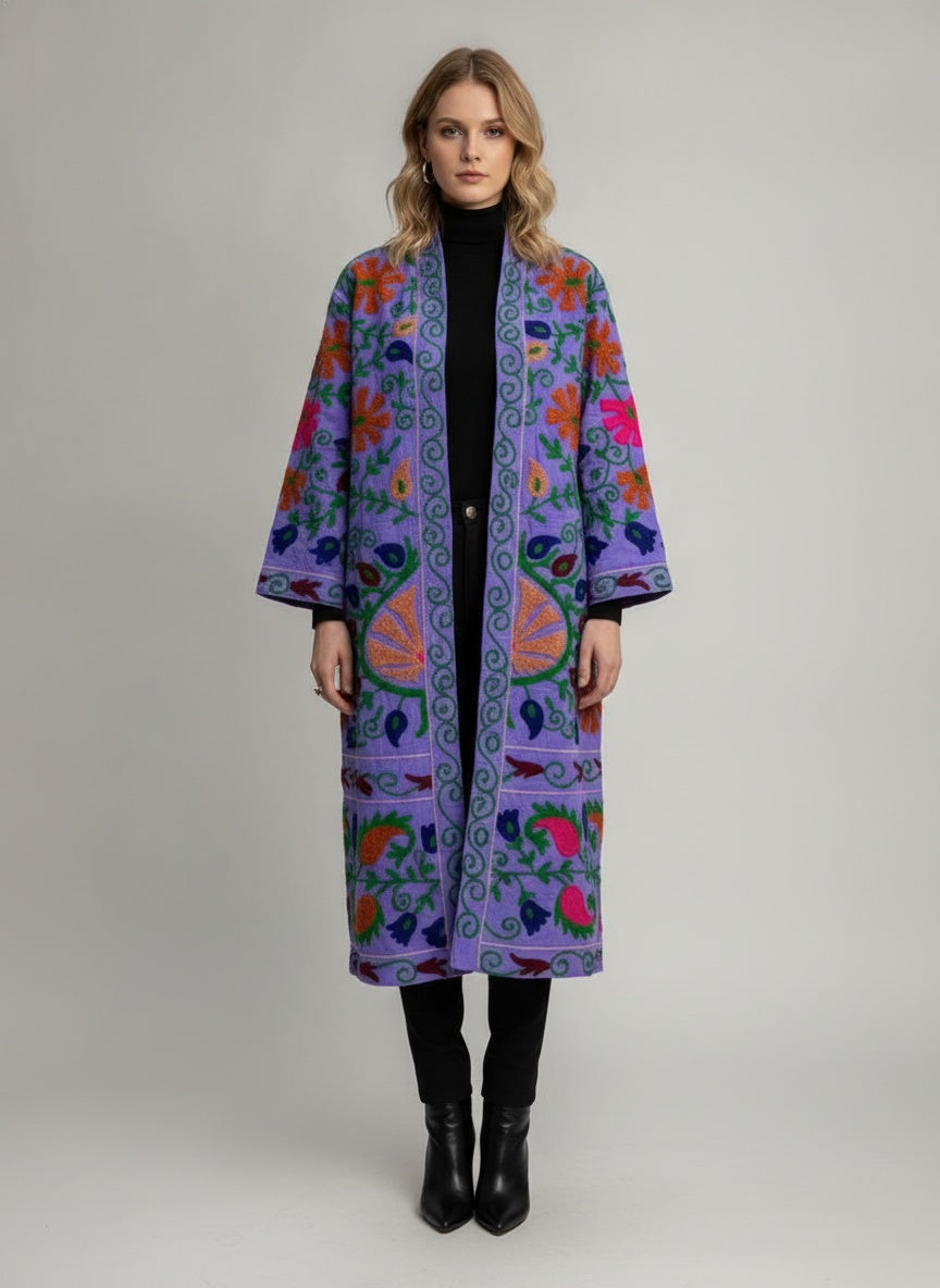 The Lavender Bagh — Suzani Hand-Embroidered Cotton Long Jacket — Lilac with Marigold & Fuchsia Florals