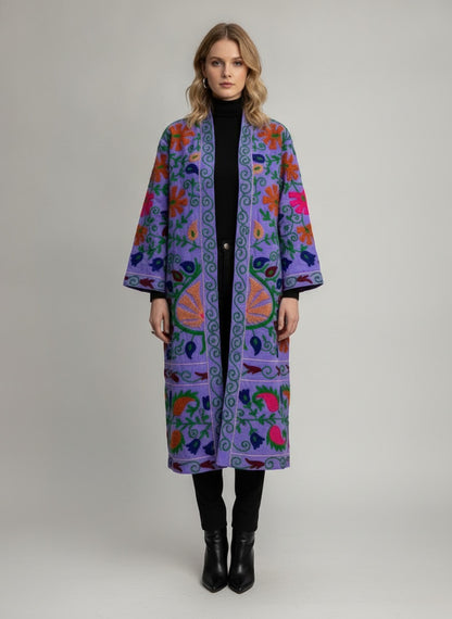 The Lavender Bagh — Suzani Hand-Embroidered Cotton Long Jacket — Lilac with Marigold & Fuchsia Florals