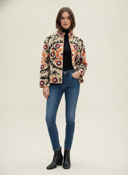 The Anaar Bagh — Suzani Embroidered Cotton Jacket — Ivory with Maroon & Marigold Blooms