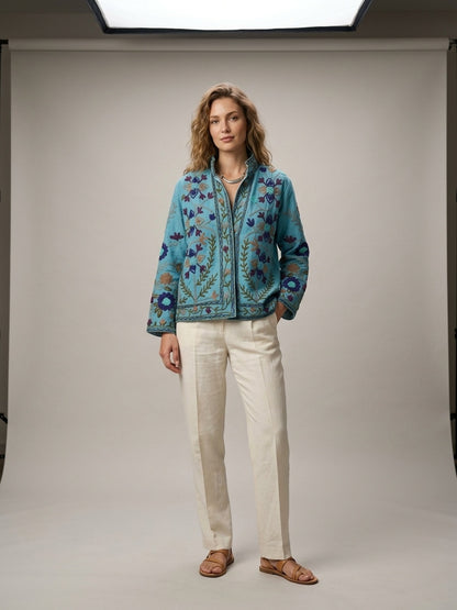 The Turquoise Zahra — Suzani Hand-Embroidered Cotton Jacket — Sky Blue with Indigo & Maroon Florals