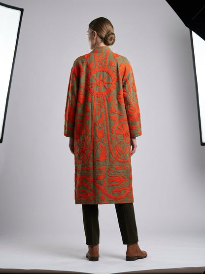 The Samarkand Sun — Suzani Embroidered Cotton Kimono — Olive & Vermillion
