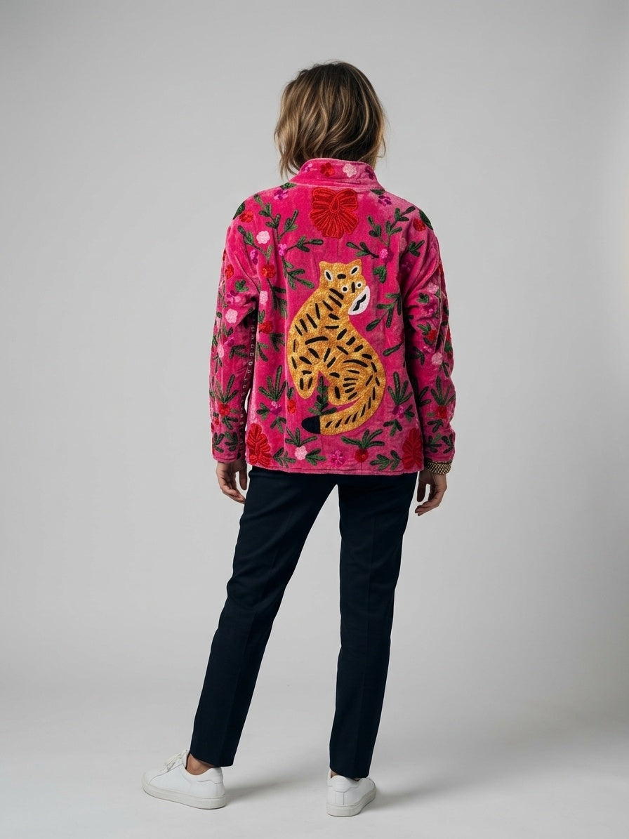 The Bengal Bloom — Suzani Embroidered Velvet Jacket — Fuchsia Pink with Amber Tiger