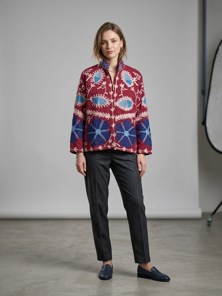 The Samarkand Bloom — Suzani Hand-Embroidered Cotton Jacket — Deep Maroon with Cornflower Blue