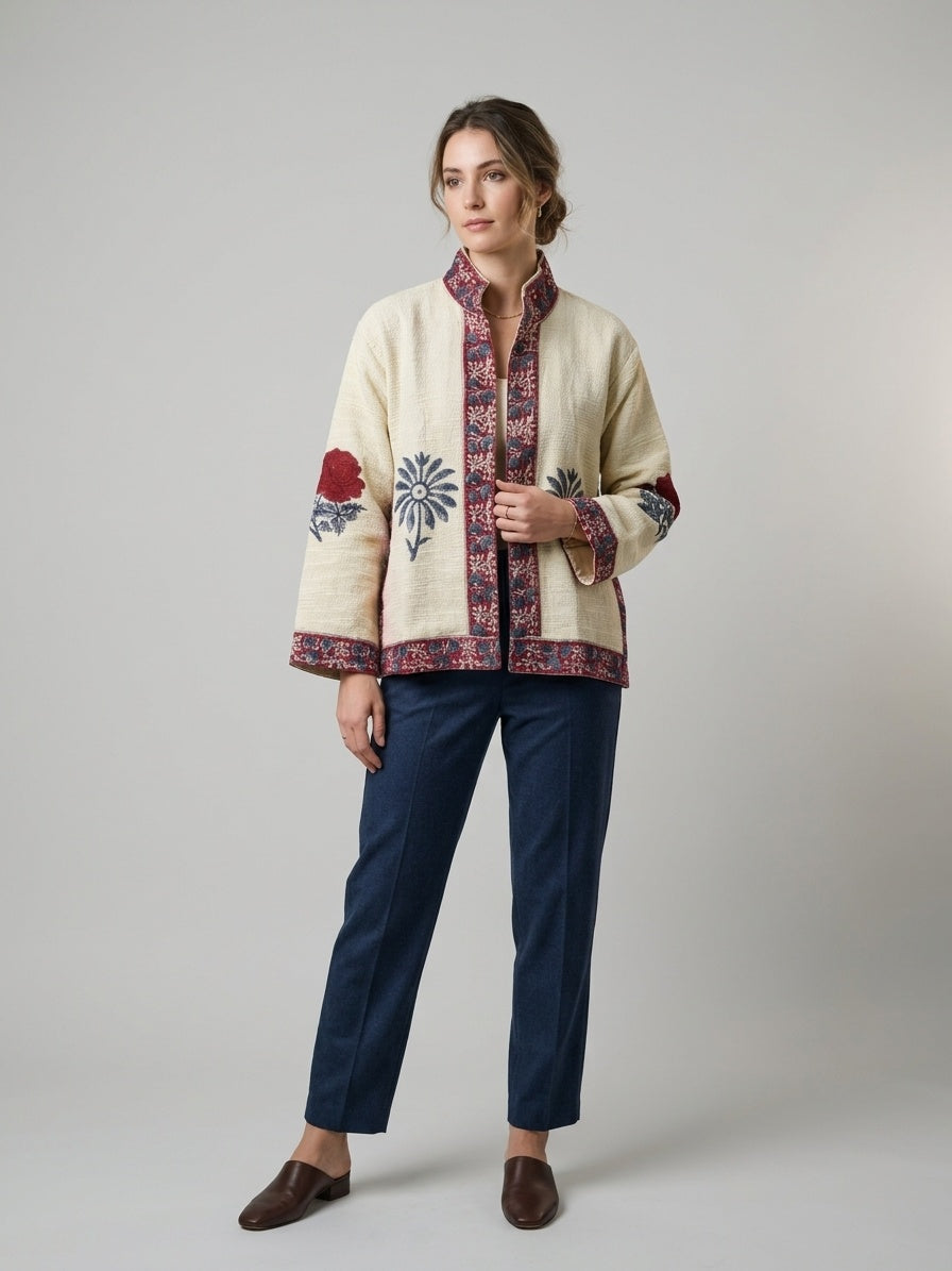 The Bagh Marigold — Suzani Hand-Embroidered Cotton Jacket — Ivory with Indigo & Wine Bordering