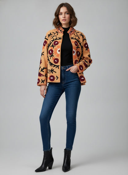 The Marigold Suzani — Hand-Embroidered Cotton Jacket — Saffron with Wine & Ivory Blooms