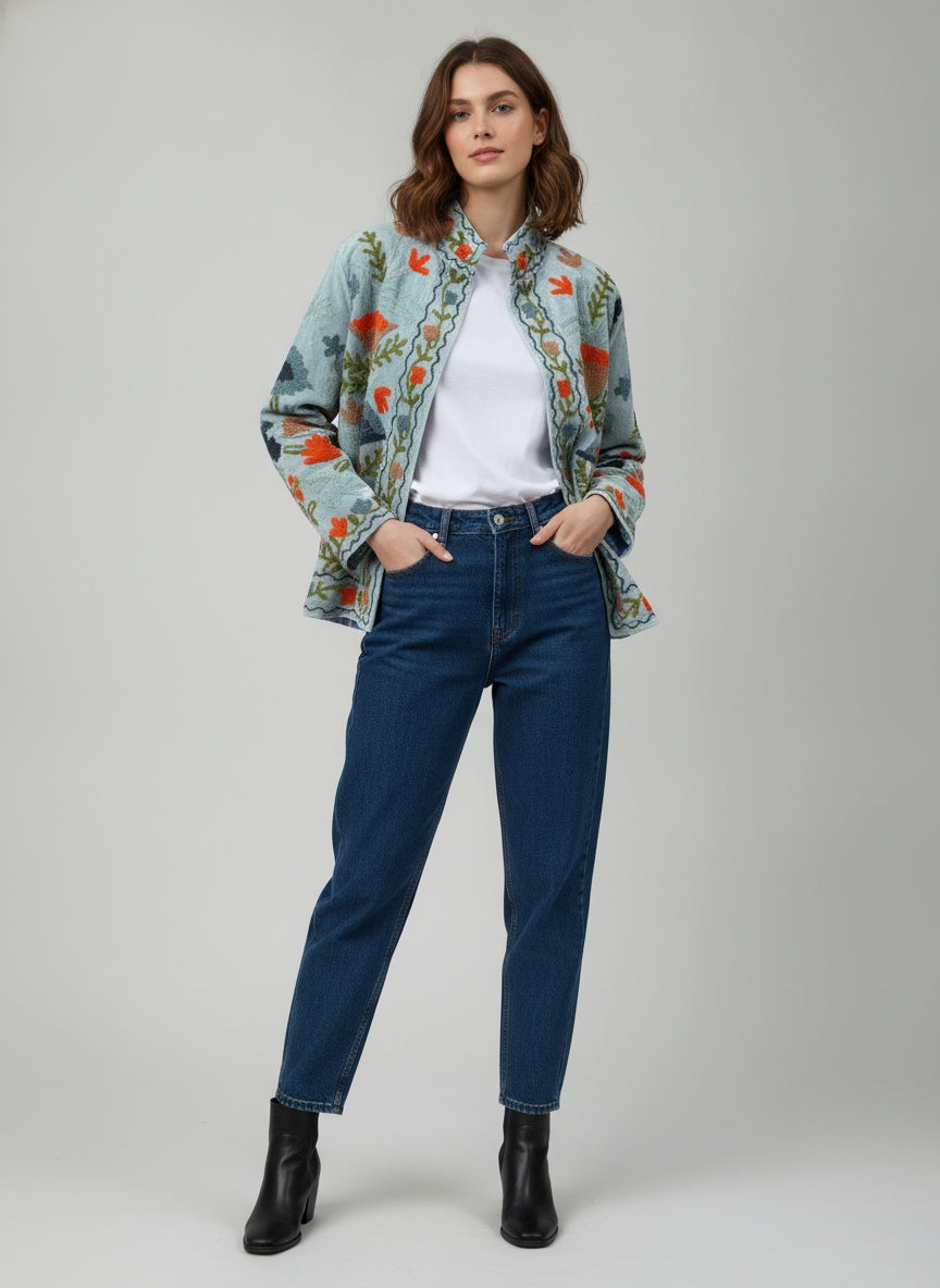 The Duskwing Bloom — Suzani Embroidered Velvet Jacket — Powder Blue